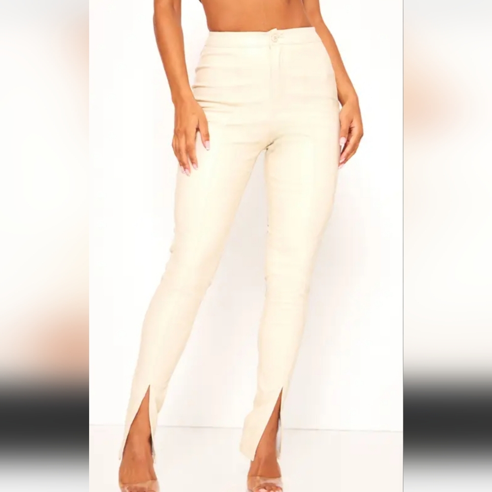 Pretty Little Thing Cream Split Hem Faux Leather Skinny Trouser